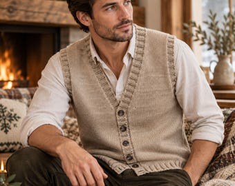 May include: A beige knit button-down vest with a V-neckline and ribbed trim, worn over a white long-sleeved collared shirt paired with dark olive green trousers. The vest features a classic stockinette stitch pattern and five dark buttons.