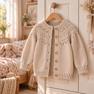 Modello PDF per cardigan da bambina, maglione con sprone in pizzo, giacca da bambina lavorata dall'alto verso il basso, abbottonatura frontale, taglie 2-12 anni, download digitale.
