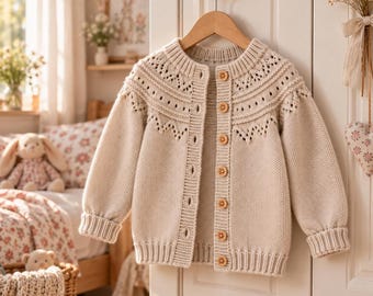 Kids Cardigan Knitting Pattern PDF, Lace Yoke Sweater, Top Down Girl Jacket, Button Front Design, Sizes 2–12 Years, Digital Download