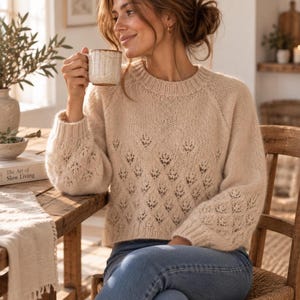 Lace Sweater Knitting Pattern Raglan Sleeves Digital PDF Pullover XS–XXL Openwork Knit Design Stocking Stitch Ribbed Neck Circular Tutorial image 5