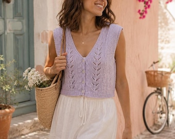 Knitted Feminine Lace Vest Pattern, Textured Cable Front Opening Top For Women, S-XXXL, Handmade Instant Digital Download