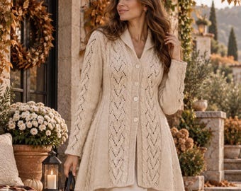Womens Knitting Pattern, Fitted Lace Cable Cardigan, Shawl Colar Jacket, Sizes S-XXXL, Instant PDF Digital Download