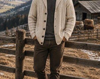 Strickmuster für Herren-Zopfmuster-Cardigan, Schalkragenpullover, Strukturmuster, Größen XS-XXXL, sofortiger PDF-Download