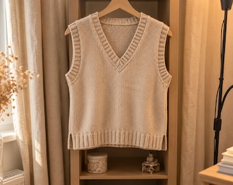 Knitting Vest Pattern, Women's V Neck Slipover, Sleeveless Sweater Tutorial, DK Yarn, Sizes S–XXXL, Digital PDF Download