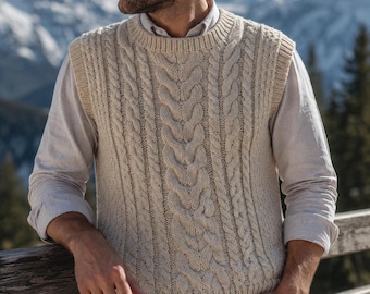 Mens Cable Knit Vest Knitting Pattern, Textured Waistcoat With Ribbing, Classic Handmade Clothing, XS-XXXL, Digital Download PDF