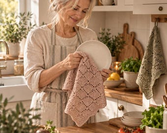 May include: A dusty pink square dishcloth with a textured, openwork diamond pattern. The cloth is held in hands while drying a white ceramic plate. A second identical dishcloth in sage green hangs on a wooden hook nearby.