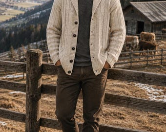 Men's Cable Cardigan Knitting Pattern, Shawl Collar PDF Download in XS-XXXL