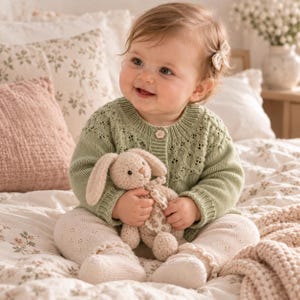 May include: A sage green long-sleeved knit cardigan featuring a delicate eyelet lace pattern across the chest and a single flower-shaped button closure. The cardigan is paired with cream-coloured knit leggings and a small beige crocheted rabbit toy.