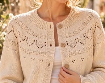 Lace Cardigan Knitting Pattern PDF, Top-Down Round Yoke Sweater, Open Front jacket, Sizes S to XXXL, Instant Digital Download