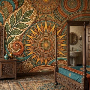 Boho Mandala Sunburst Paisley-tapet, blågrön rostfärgad, maximalistisk väggdekoration