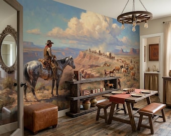 Murale con paesaggio western da cowboy, scena di frontiera americana nel deserto, carta da parati adesiva