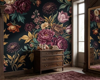 Dark Floral Wallpaper Mural: Custom Size, Peel and Stick, Nonwoven, Textile Options