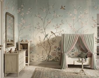 Chinoiserie tapete vintage, kirschblüten fototapete blau, selbstklebende tapete vögel wohnzimmer wandbild