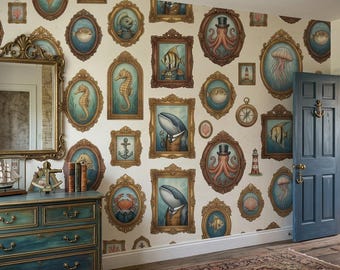 Meerestiere porträt tapete, vintage bilderrahmen fototapete, selbstklebende tapete badezimmer maritim wand
