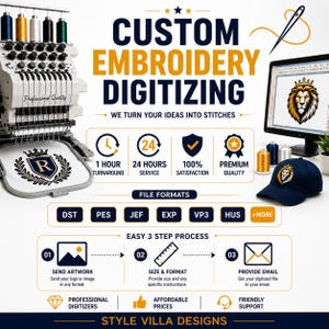 May include: An embroidery machine with spools of thread, a computer monitor displaying a lion logo, and a navy blue baseball cap with an embroidered lion. The text reads CUSTOM EMBROIDERY DIGITIZING, WE TURN YOUR IDEAS INTO STITCHES, and STYLE VILLA DESIGNS.