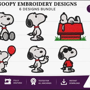 Paquete de diseños de bordado de Snoopy, 6 diseños de bordado a máquina, bordado del perro Peanuts,