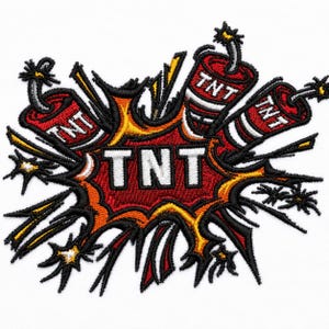 Puede incluir: Un parche bordado que muestra una explosión de estilo caricatura en rojo, naranja, amarillo y negro. El diseño incluye tres cartuchos de dinamita rojos etiquetados como TNT con mechas encendidas y la palabra TNT en letras blancas al centro.