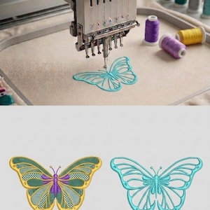 May include: An embroidery machine stitching a turquoise butterfly design onto fabric. The image also shows two embroidered butterfly designs, one in teal and gold, and another in turquoise. The text "6 SIZE" is at the top.