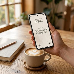 May include: A smartphone with a black frame displaying a light-colored screen with the text MONDAY, OCT 16, 9:30 AM, and JOSHUA 1:9 Be Strong and Courageous. Below the phone is a beige ceramic mug with latte art on a small wooden coaster.