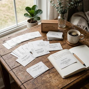 Può includere: Un set di schede di memoria rettangolari bianche con testo nero e illustrazioni botaniche a linee. Le schede sono esposte insieme a una scatola di legno etichettata SCRIPTURE MEMORY CARDS, un taccuino aperto e una tazza da caffè in ceramica.