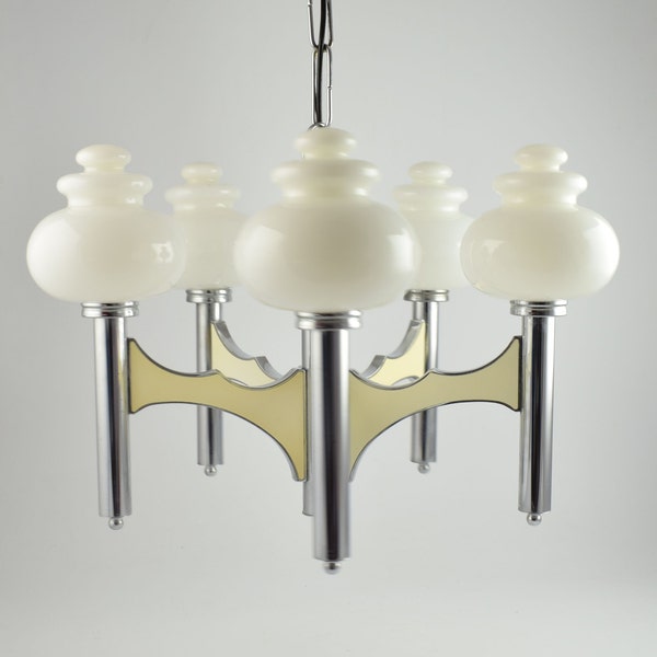 Sciolari pendant lamp, large Italian five arm regency chandelier in chrome and white glass