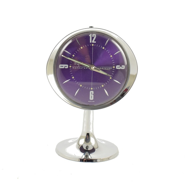Westclox purple Big Ben Alarm Oval clock on tall pedestal with round base.