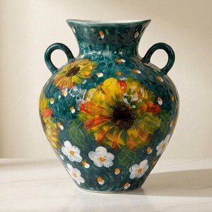 Hand Painted Ceramic Vase Set, Floral Cat Decorative Vase, Green Farmhouse Flower Vase, Rustic Boho Home Decor Gift for Living Room