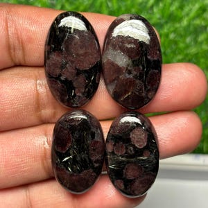 Puede incluir: Cuatro cabujones de forma ovalada con una base negra oscura, inclusiones de granate rojo intenso y vetas metálicas plateadas en forma de aguja en las superficies de piedra pulida, dispuestos en una cuadrícula de dos por dos.