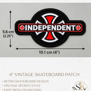 May include: An embroidered patch featuring a black, white, and red cross logo with the word INDEPENDENT in white text. The patch measures 2.25 inches in height and 4 inches in width as indicated by the black arrows and measurement text.