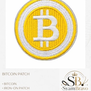 May include: A round, embroidered iron-on patch featuring a white Bitcoin symbol centered on a bright yellow background with a white border. The patch measures 2.4 inches in diameter. The text BITCOIN, IRON-ON PATCH, 2.4" ROUND, EMBROIDERED APPLIQUE is visible.
