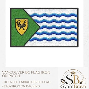 May include: A rectangular embroidered patch featuring the Vancouver flag with a green triangle on the left containing a yellow shield with a black axe and caduceus, and blue wavy lines on a white background on the right, with a black border.