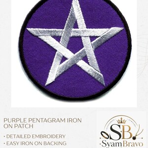 May include: A circular embroidered patch featuring a silver pentagram centered on a solid purple background with a black border. The text PURPLE PENTAGRAM IRON ON PATCH, DETAILED EMBROIDERY, EASY IRON ON BACKING, BOLD SYMBOLIC DESIGN, GREAT FOR DIY PROJECTS is visible.