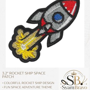May include: An embroidered iron-on patch featuring a rocket ship with a silver body, red accents, and a blue circular window. The rocket is depicted with a yellow and orange exhaust plume trailing behind it, all outlined in a thick black border.