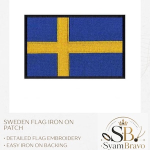 May include: A rectangular iron-on patch featuring the Swedish flag with a blue background and a yellow cross. The embroidery is detailed with a black border. The text SWEDEN FLAG IRON ON PATCH is visible along with the Syam Bravo logo and text.