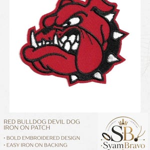 May include: An embroidered iron-on patch featuring a red bulldog head with a black collar adorned with white spikes. The bulldog has a fierce expression with visible white teeth and black outlines. The patch is shaped to the contour of the head.