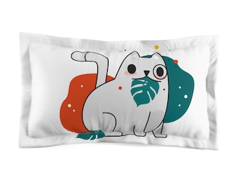 Federa per cuscino con gatto bianco e foglia di Monstera / Illustrazione di un gatto carino