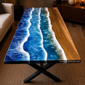 May include: A rectangular coffee table with a unique design. The table features a wooden surface with a blue and white resin design resembling ocean waves. It has black metal legs and is set on a brown rug.