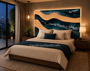 Ocean Resin Wood Headboard | Live Edge Epoxy Wave Wall Art Panel