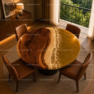 Puede incluir: Una mesa de comedor redonda que presenta una sección de veta de madera natural en un lado y una sección de resina de tono dorado en el otro, separadas por un patrón de olas blancas espumosas. Cuatro sillas de cuero marrón rodean la mesa.