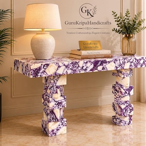 Calacatta Viola Marble Console Table | Sculptural Stacked Cube Legs, Modern Hallway Furniture
