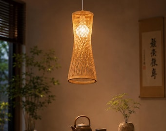 Japońska lampa wisząca z bambusa, żyrandol z rattanu Wabi Sabi, chińska pleciona lampa sufitowa, wystrój japońskiej kawiarni i restauracji