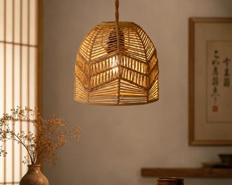 Japanese Bamboo Pendant Light – Handwoven Rattan Lantern, Japandi Hanging Ceiling Lamp, Asian Wicker Light, Cozy Home Decor