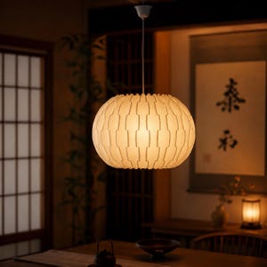 Peut inclure: Une suspension sphérique dotée d'une surface extérieure blanche, texturée et segmentée. La lampe émet une lueur chaude et diffuse depuis l'intérieur, suspendue par un fin cordon blanc à une fixation de plafond assortie.