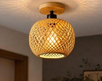 Plafoniera giapponese in bambù, lampada a incasso in rattan Wabi Sabi, lampada da soffitto retrò in legno giapponese per camera da letto e corridoio.