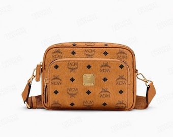 MCM Leder-Umhängetasche mit Monogramm, verstellbarem Riemen, hellbraun, Designer-Design, für Alltag und Reisen, Unisex