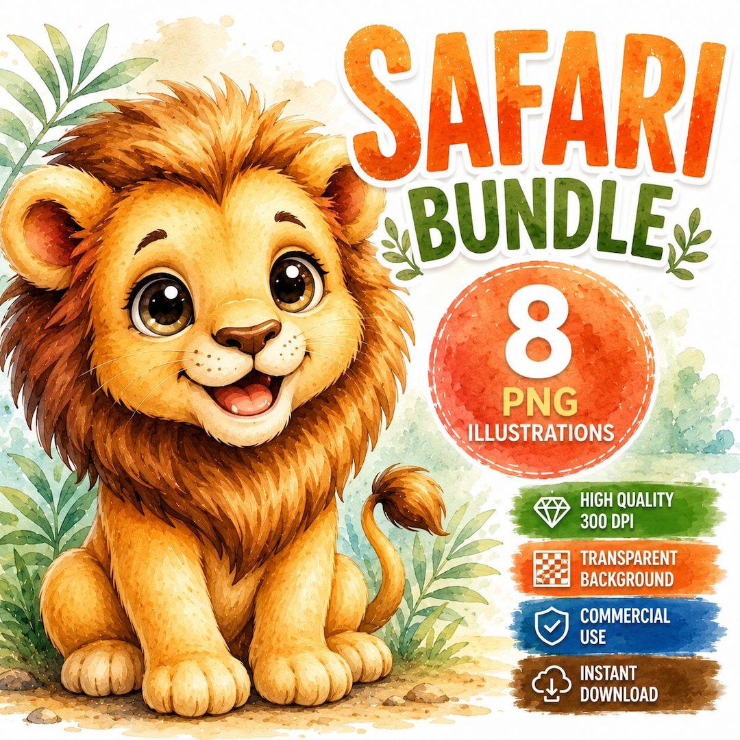 Safari Animals Watercolor Clipart Bundle PNG, Cute Baby Jungle Animals ...