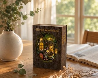 DIY Miniature Book Nook Kit Forest Wonderland Fairy Cottage LED Lights | Wooden Craft Kit Unique Gift for Book Lovers | Enchanted Home Decor