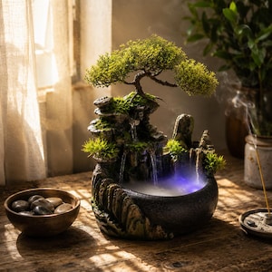 以下が含まれることがあります： 彫刻された岩の造形、緑のミニチュアツリー、苔のアクセント、そして流れ落ちる滝を備えた卓上噴水。ベースには、青いLED照明と霧の効果が組み込まれた暗い色の水受けがあり、穏やかなディスプレイを作り出しています。