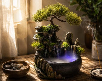 Indoor Tabletop Fountain with LED Lights 28cm | Bonsai Waterfall Feng Shui Decor | Zen Office Desk Ornament | Unique Housewarming Gift