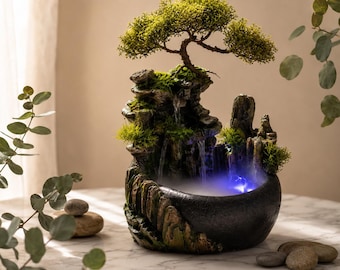 Tischbrunnen für drinnen mit LED-Beleuchtung, 28 cm | Bonsai-Wasserfall-Feng-Shui-Dekoration | Zen-Schreibtischdekoration | Einzigartiges Einzugsgeschenk